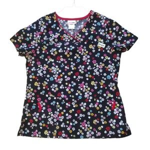 Scrubstar Scrub Women M Black Multicolor Floral V Neck Pockets Short‎ Sleeves